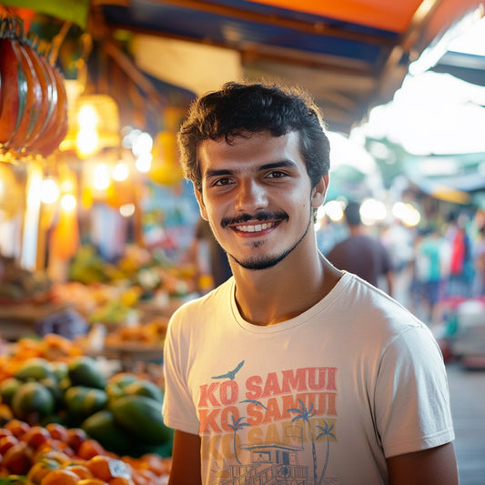Man standing in a market with colorful produce and stalls in the background