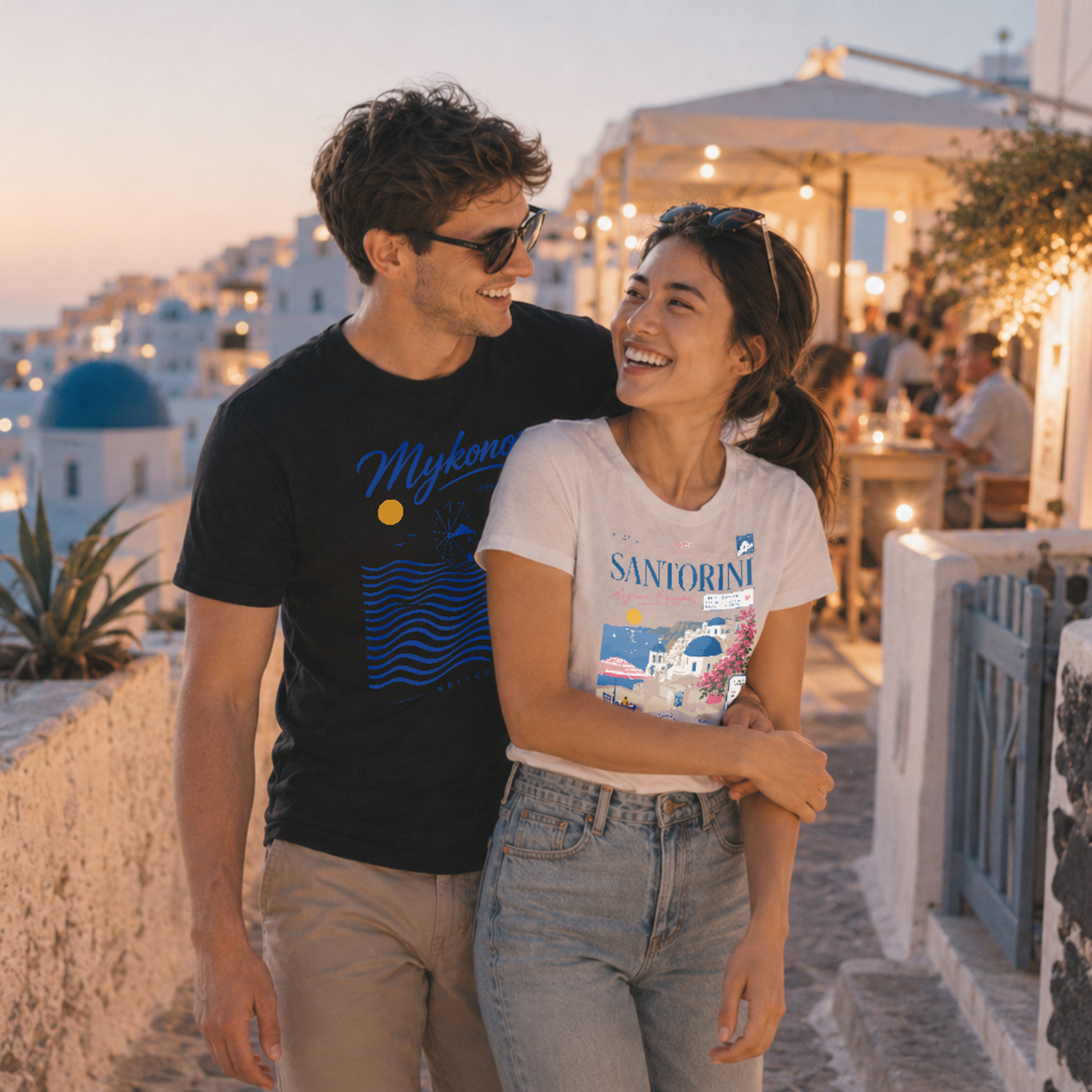 Two people walking together on a scenic street with a cityscape in the background