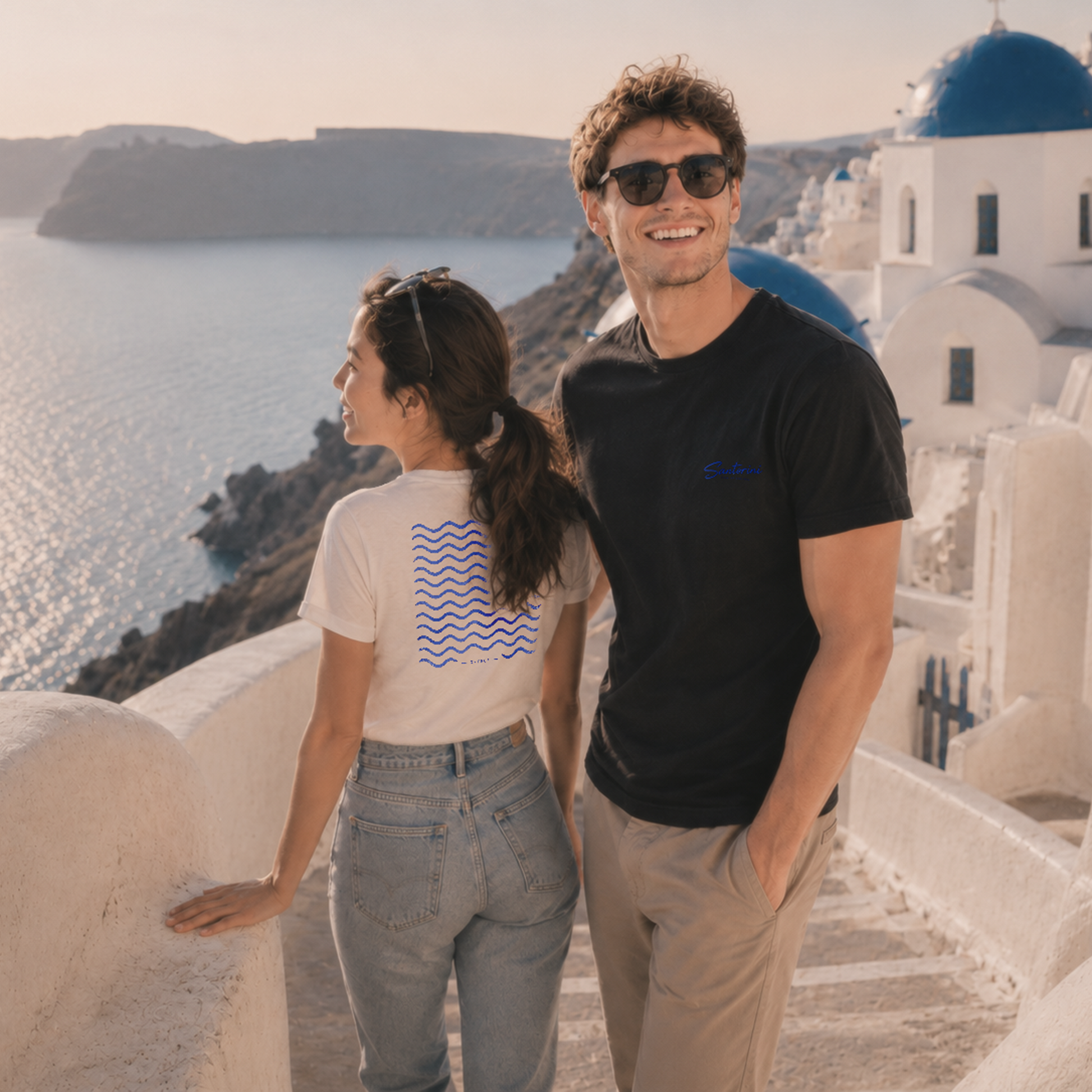 Two people standing on a scenic overlook with ocean and blue domes in the background