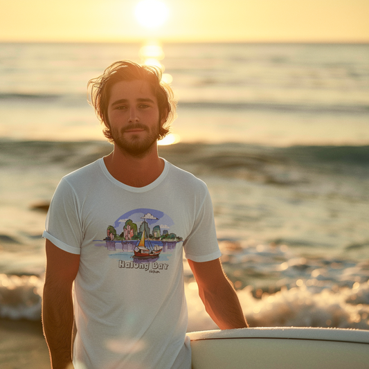 Man holding a surfboard on a beach with sunset in the background